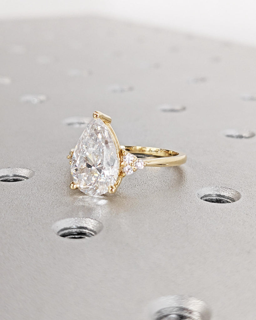 Pear Shaped Moissanite Engagement Ring, 18k Yellow Gold Cluster Ring, 1.6mm Dainty Band, Unique Women's Wedding Ring, Promise Ring for Her image #4