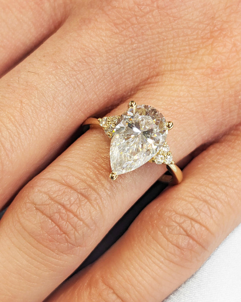 Pear Shaped Moissanite Engagement Ring, 18k Yellow Gold Cluster Ring, 1.6mm Dainty Band, Unique Women's Wedding Ring, Promise Ring for Her image #2