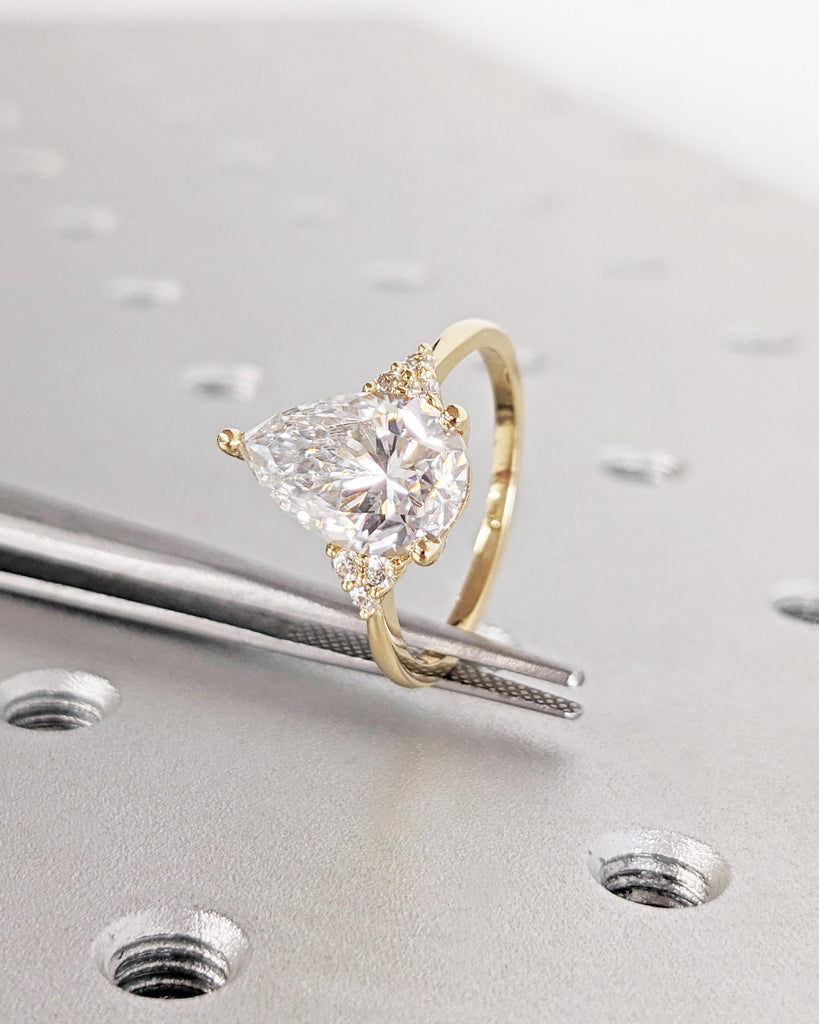 0.5-3ct Pear Shaped Moissanite Engagement Ring, Vintage Cluster Wedding Ring, 14K/18K Solid Yellow Gold image #1