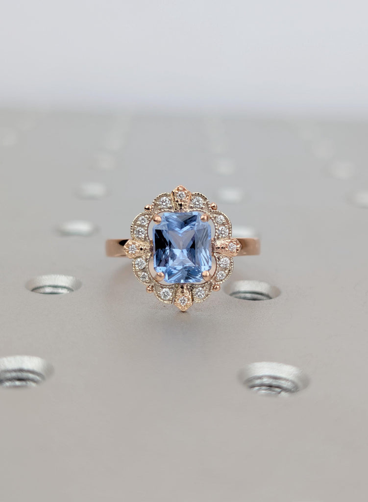 Vintage Art Deco Engagement Ring, Light Blue Ceylon Sapphire, Emerald Cut Sapphire Ring, Milgrain Diamond Halo, Two Tone Heirloom Ring image #4