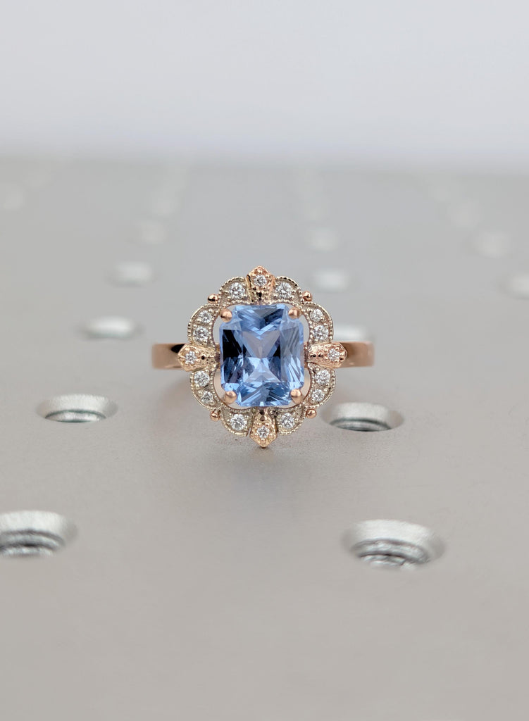 Emerald Cut Ceylon Sapphire Engagement Ring, Art Deco Diamond Halo Ring, Two Tone Vintage Ring, Light Blue Sapphire Heirloom Ring for Her image #1