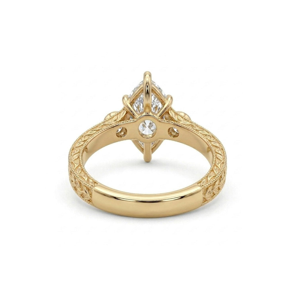 14k Yellow Gold Vintage Olive Leaf Moissanite Ring | Dutch Marquise cut Promise Ring for Her | Three Stone Wedding Anniversary Ring image #4