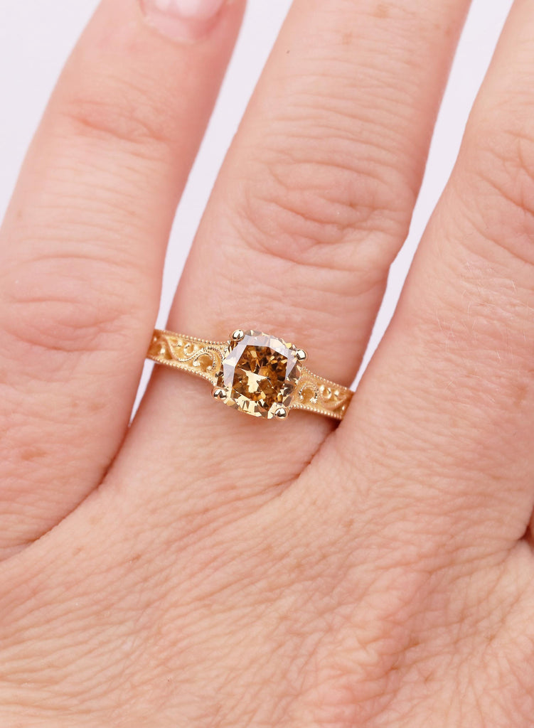 Champagne Lab Grown Diamond Engagement Ring, Cushion Cut Vintage Filigree Ring, Lab Diamond Promise Ring, Yellow Gold Anniversary Gift image #2