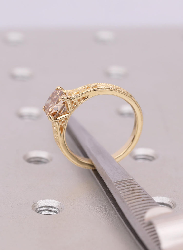 Vintage Cushion Champagne Diamond Ring, Lab Grown Diamond Engagement Ring, Antique Style Filigree Milgrain Ring, Unique Cognac Diamond Ring image #8