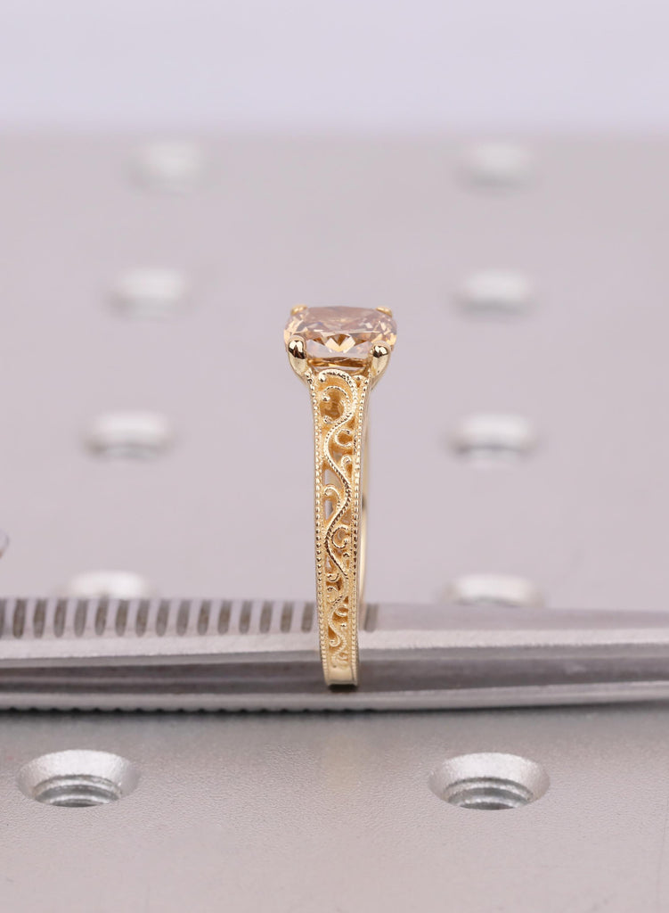 Vintage Cushion Champagne Diamond Ring, Lab Grown Diamond Engagement Ring, Antique Style Filigree Milgrain Ring, Unique Cognac Diamond Ring image #13