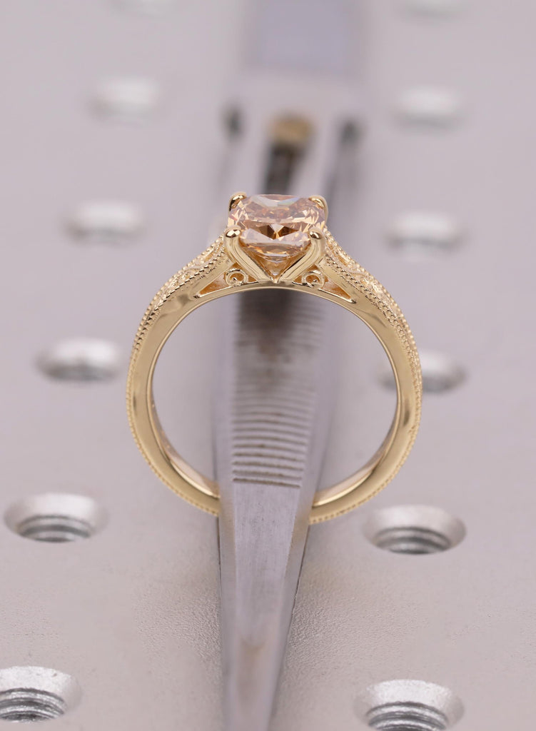 Champagne Lab Grown Diamond Engagement Ring, Cushion Cut Vintage Filigree Ring, Lab Diamond Promise Ring, Yellow Gold Anniversary Gift image #10