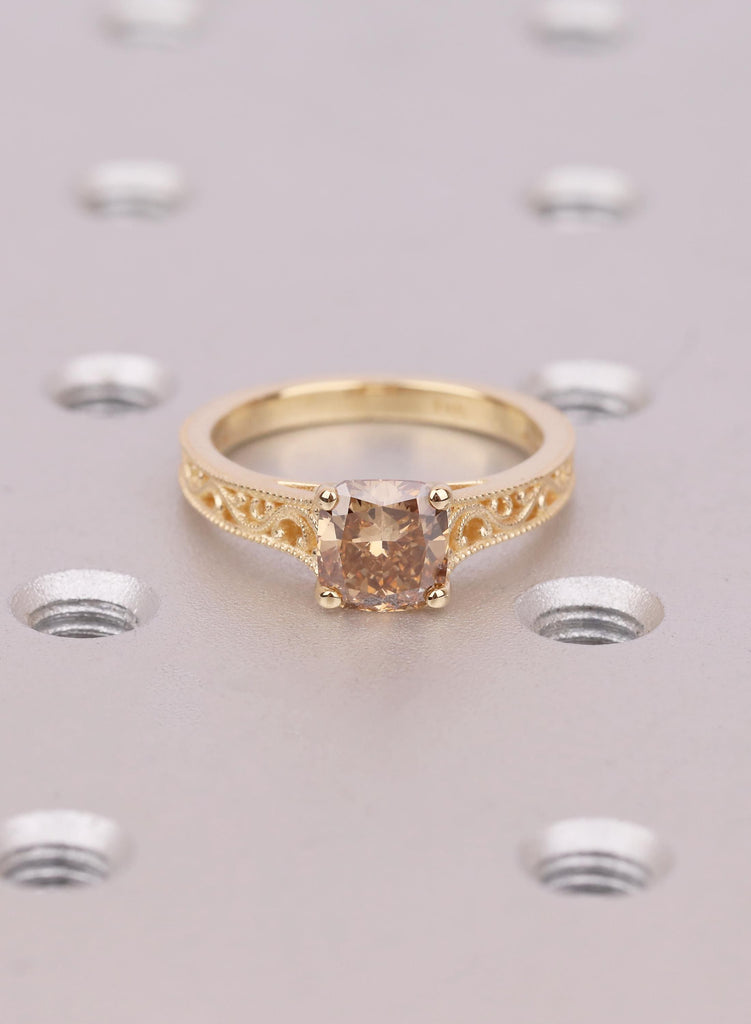 Champagne Lab Grown Diamond Engagement Ring, Cushion Cut Vintage Filigree Ring, Lab Diamond Promise Ring, Yellow Gold Anniversary Gift image #1
