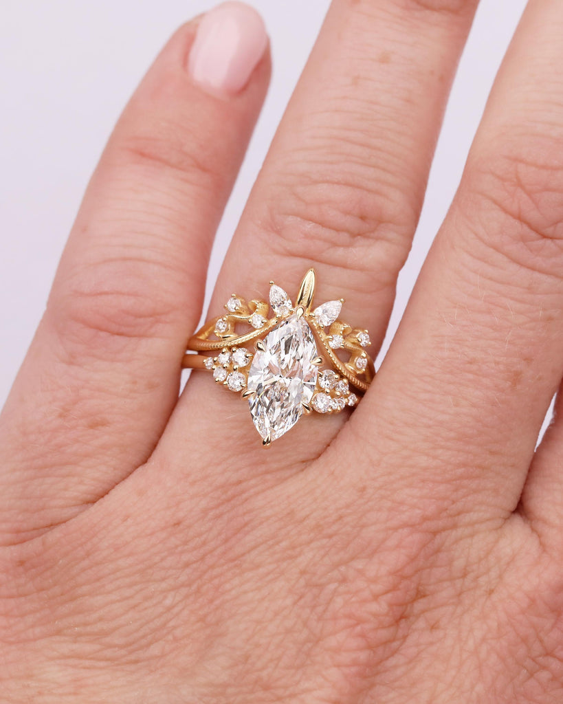 18k Yellow Gold Engagement Ring Set, Marquise Cut Moissanite Cluster Ring, Anniversary Jewelry image #1