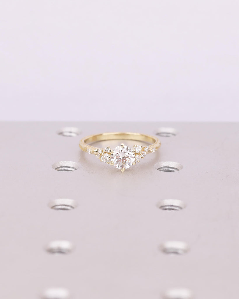 Lab Grown Diamond Cluster Promise Rings for Women, Vintage Style 18k/14k Yellow Gold Engagement Ring, Unique Hand Engraved Olive Leaf Ring image #14