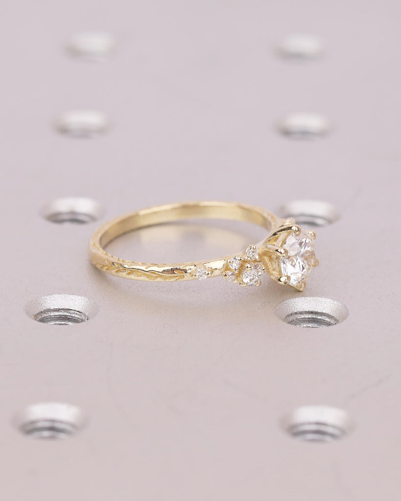 Lab Grown Diamond Cluster Promise Rings for Women, Vintage Style 18k/14k Yellow Gold Engagement Ring, Unique Hand Engraved Olive Leaf Ring image #13