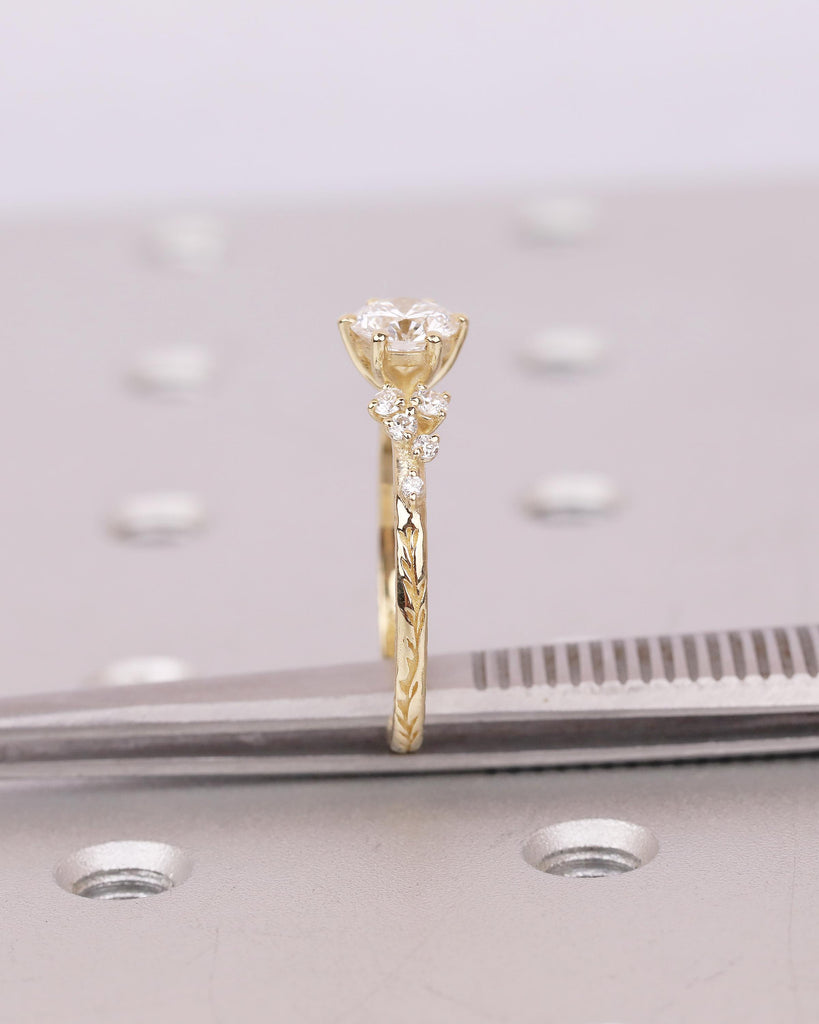 Lab Grown Diamond Cluster Promise Rings for Women, Vintage Style 18k/14k Yellow Gold Engagement Ring, Unique Hand Engraved Olive Leaf Ring image #17