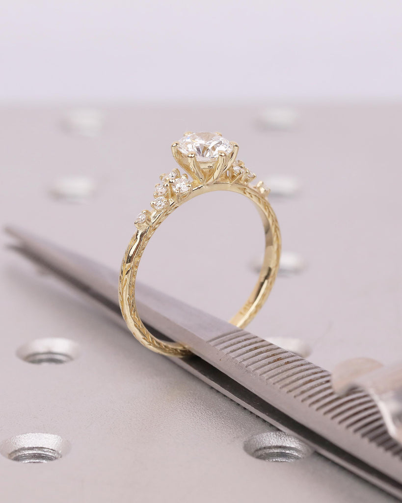 Lab Grown Diamond Cluster Promise Rings for Women, Vintage Style 18k/14k Yellow Gold Engagement Ring, Unique Hand Engraved Olive Leaf Ring image #15