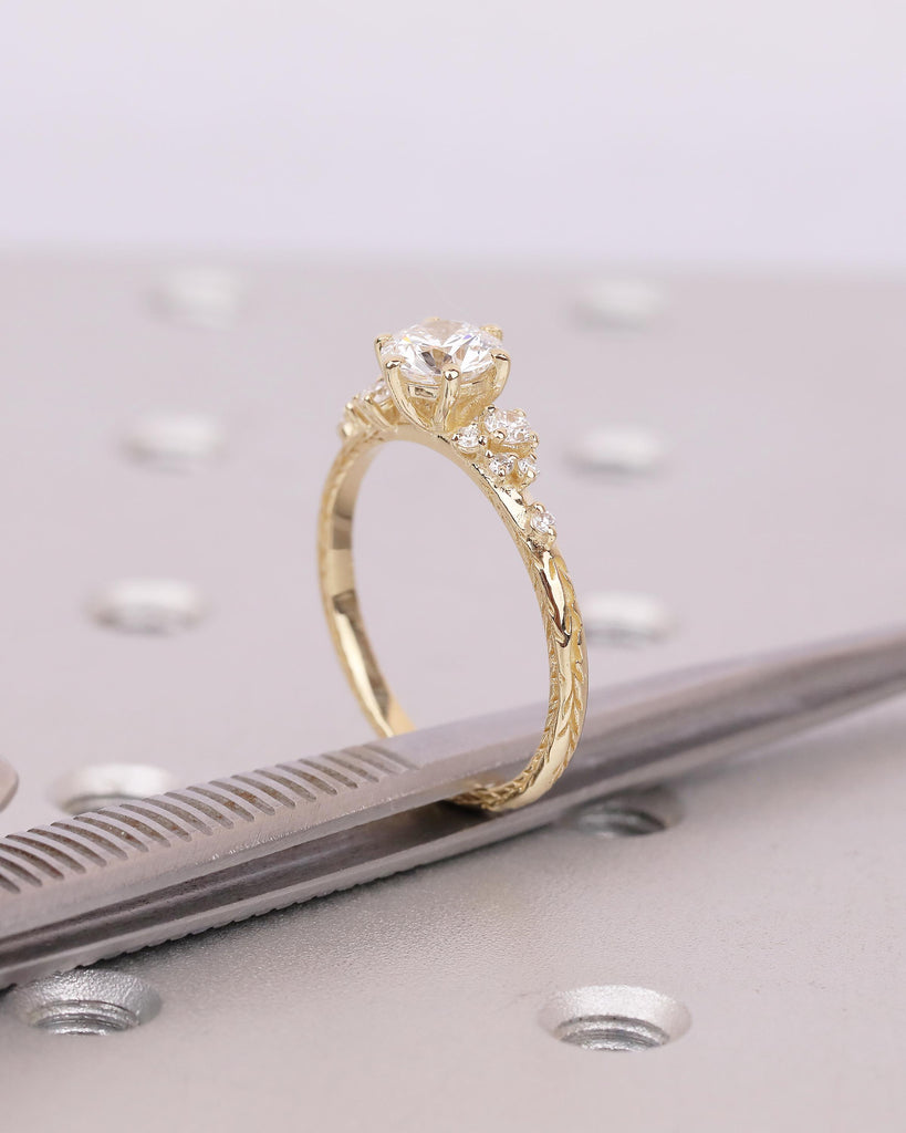 Lab Grown Diamond Cluster Promise Rings for Women, Vintage Style 18k/14k Yellow Gold Engagement Ring, Unique Hand Engraved Olive Leaf Ring image #18
