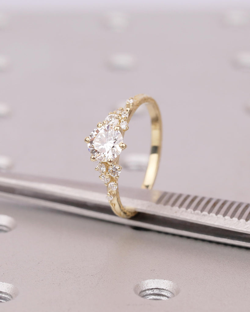 Lab Grown Diamond Cluster Promise Rings for Women, Vintage Style 18k/14k Yellow Gold Engagement Ring, Unique Hand Engraved Olive Leaf Ring image #3