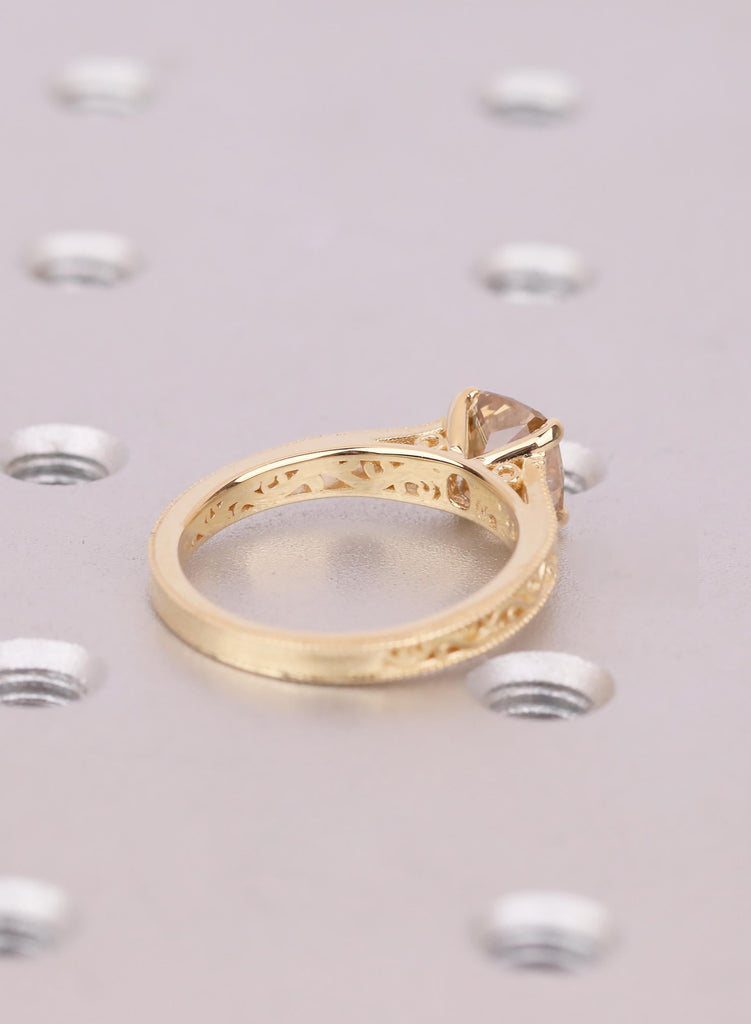 Lab Diamond Engagement Ring, Champagne Cushion Cut Solitaire, Yellow Gold Filigree Ring, Unique Vintage Engagement Ring, Anniversary Gift image #5