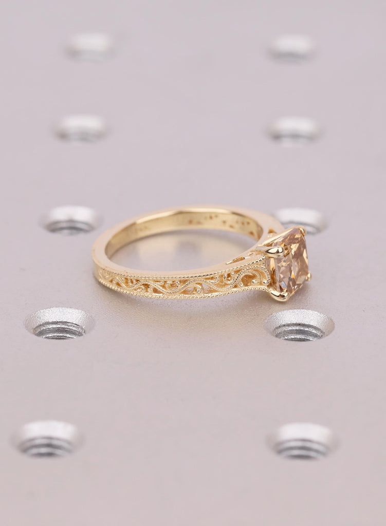Champagne Lab Diamond Ring, Cushion Cut Antique Engagement Ring, Victorian Filigree Ring, Vintage Solitaire, Unique Promise Ring for Her image #4
