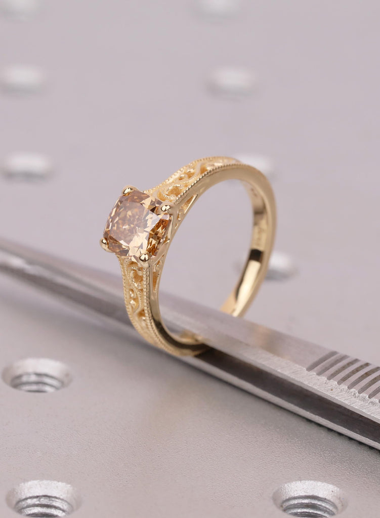 Lab Diamond Engagement Ring, Champagne Cushion Cut Solitaire, Yellow Gold Filigree Ring, Unique Vintage Engagement Ring, Anniversary Gift image #8