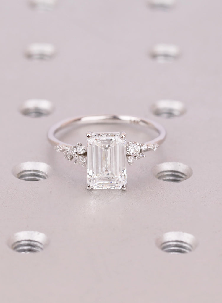 3ct Emerald Cut Lab Grown Ring with White Gold Snowdrift Diamond Cluster Band image #13