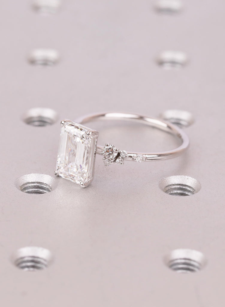 3ct Emerald Cut Lab Grown Ring with White Gold Snowdrift Diamond Cluster Band image #2