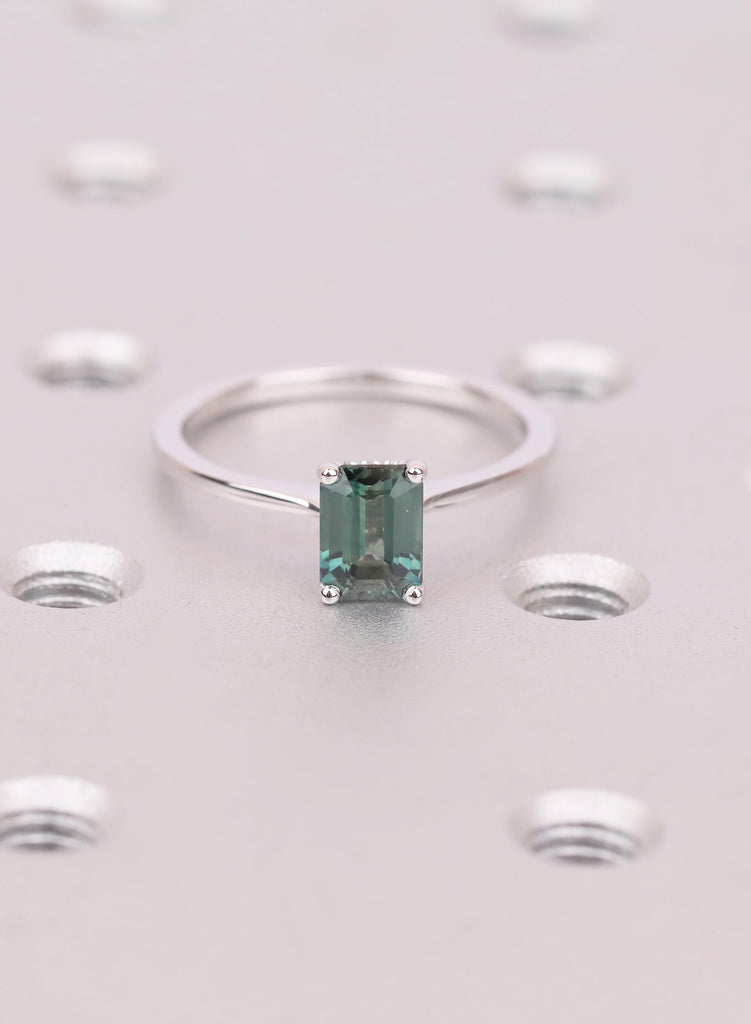 Natural Emerald Cut Green Sapphire Engagement Ring, Hidden Halo Diamond Or Moissanite Side Stone Options image #4