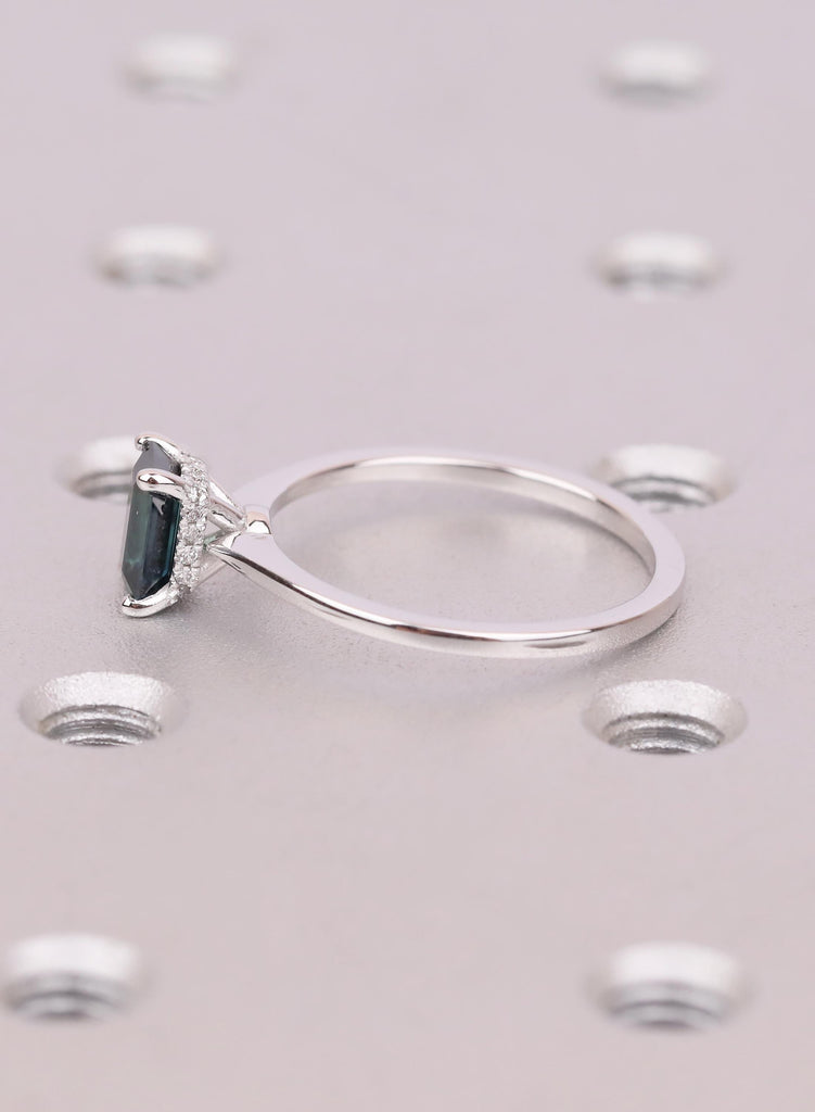 1CT Blue Green Teal Sapphire Ring With Dainty Hidden Halo Side Stones image #8