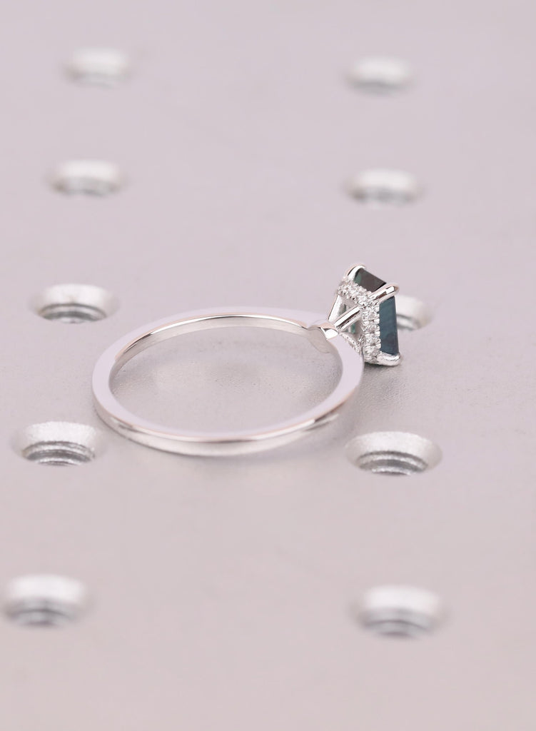 Natural Emerald Cut Green Sapphire Engagement Ring, Hidden Halo Diamond Or Moissanite Side Stone Options image #6