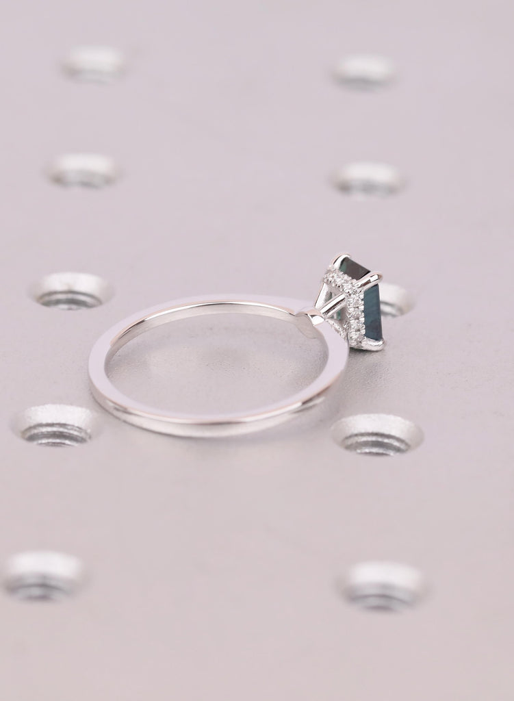 1CT Blue Green Teal Sapphire Ring With Dainty Hidden Halo Side Stones image #6