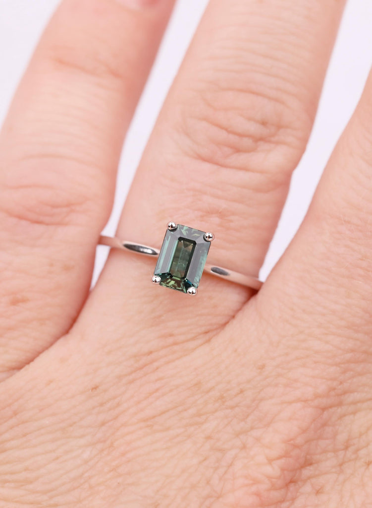 1CT Blue Green Teal Sapphire Ring With Dainty Hidden Halo Side Stones image #4