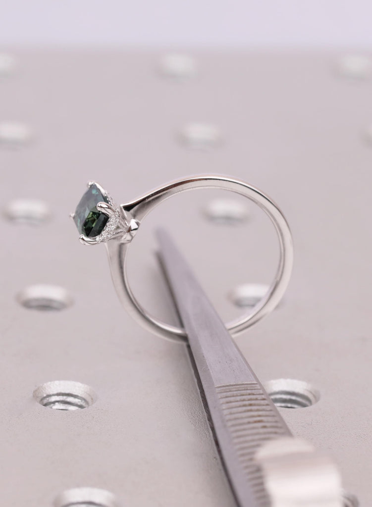 1CT Blue Green Teal Sapphire Ring With Dainty Hidden Halo Side Stones image #10