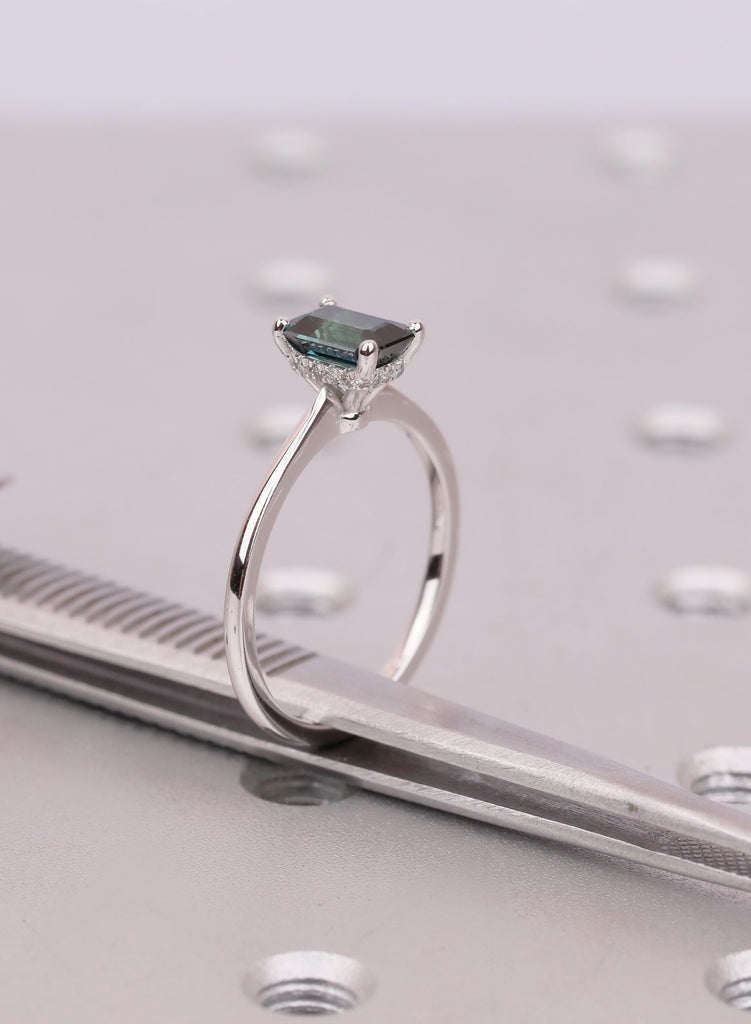 Natural Emerald Cut Green Sapphire Engagement Ring, Hidden Halo Diamond Or Moissanite Side Stone Options image #13