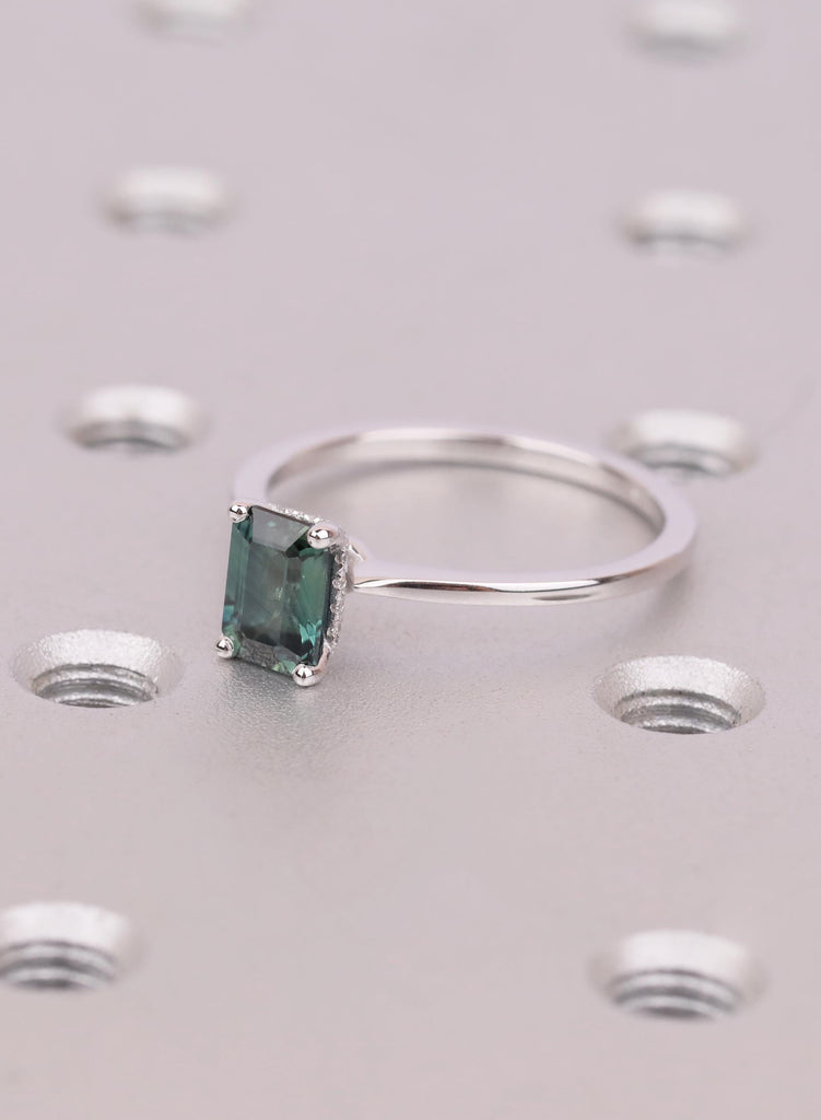 Natural Emerald Cut Green Sapphire Engagement Ring, Hidden Halo Diamond Or Moissanite Side Stone Options image #2