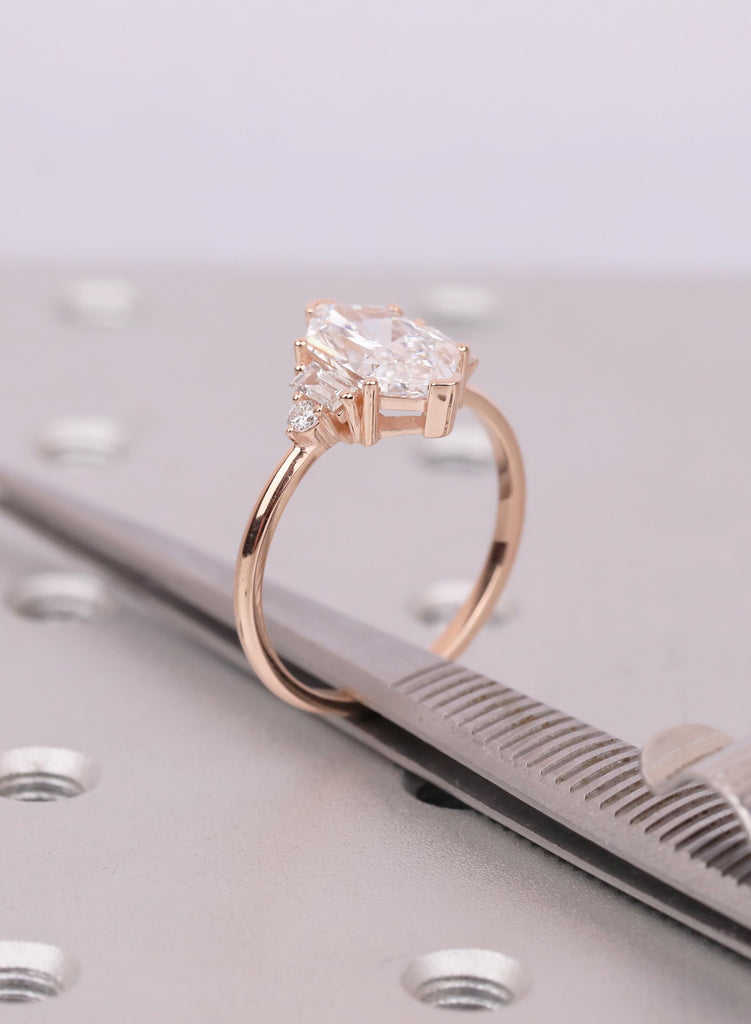 2.5 CT Dutch Marquise Lab Diamond Engagement Ring, Elongated Hexagon Cut with Baguette & Round Side Stones, Art Deco Five Stone Ring image #12