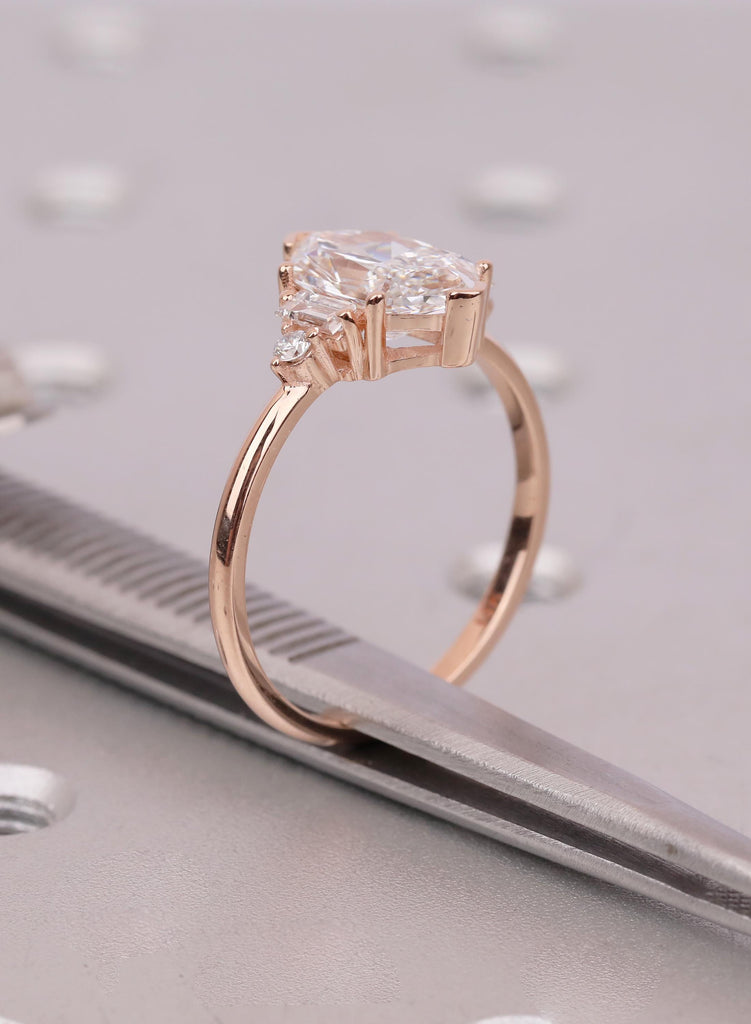 2.5 CT Dutch Marquise Lab Diamond Engagement Ring, Elongated Hexagon Cut with Baguette & Round Side Stones, Art Deco Five Stone Ring image #10