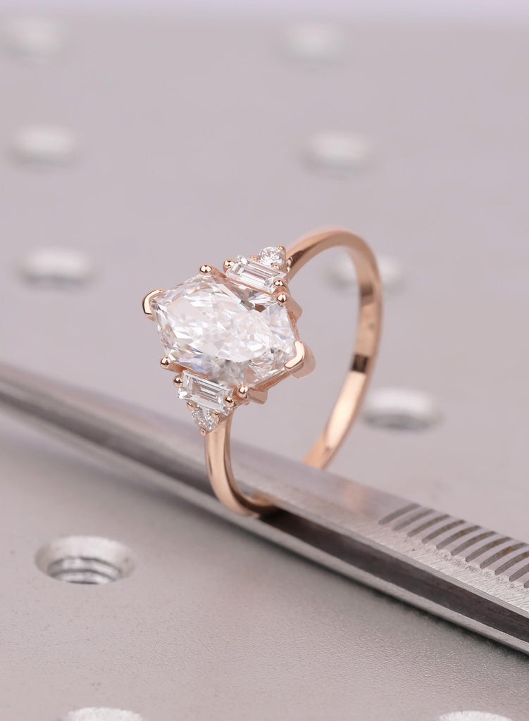2.5 CT Dutch Marquise Lab Diamond Engagement Ring, Elongated Hexagon Cut with Baguette & Round Side Stones, Art Deco Five Stone Ring image #8
