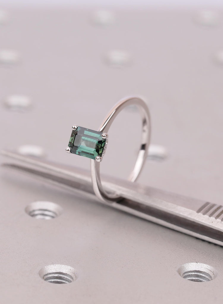 Natural Emerald Cut Green Sapphire Engagement Ring, Hidden Halo Diamond Or Moissanite Side Stone Options image #1