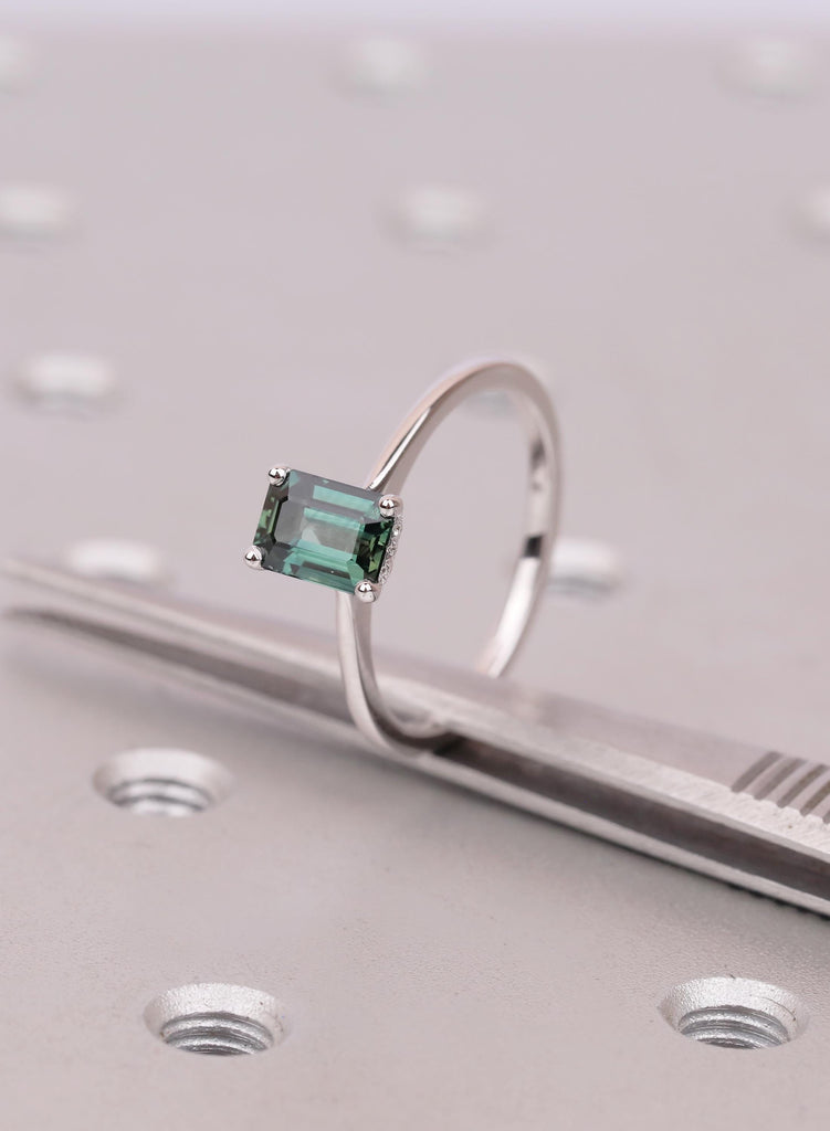 1CT Blue Green Teal Sapphire Ring With Dainty Hidden Halo Side Stones image #2