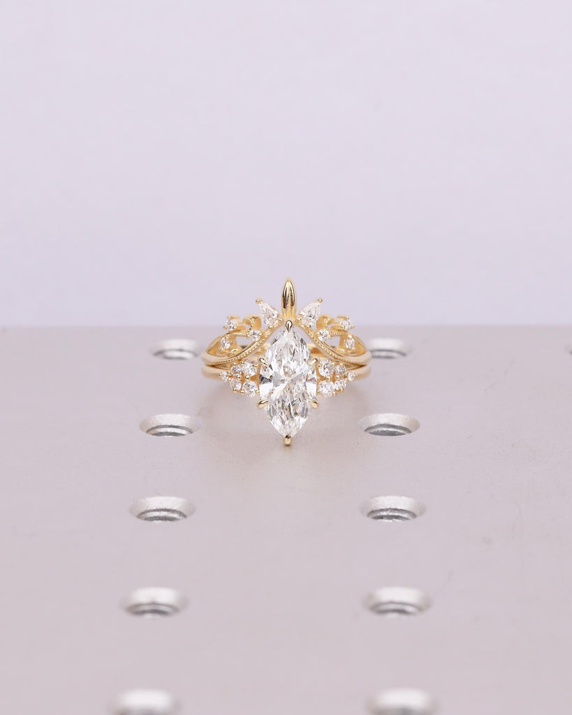 18k Gold Wedding Ring Set, Marquise Lab Diamond Engagement Ring, Floral Stackable Rings image #3