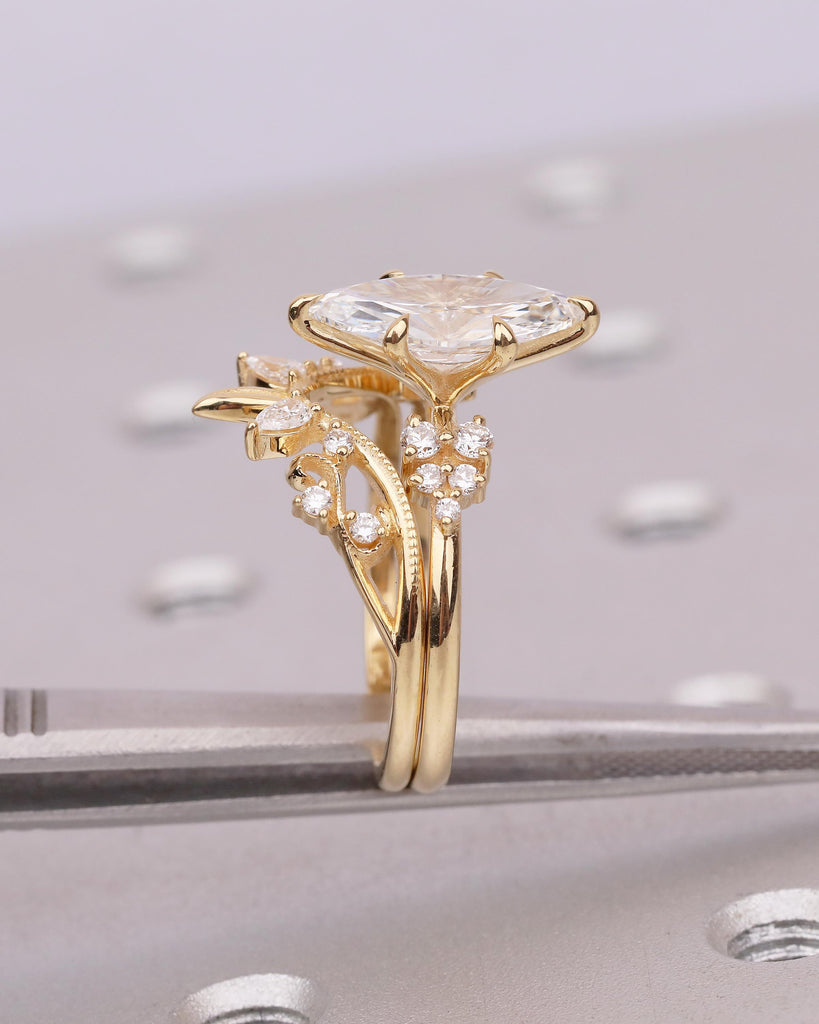 Nature Inspired Bridal Ring Set, Lab Grown Diamond Marquise Cut Ring, Vintage 18k Yellow Gold Engagement Rings, Unique Anniversary Jewelry image #12