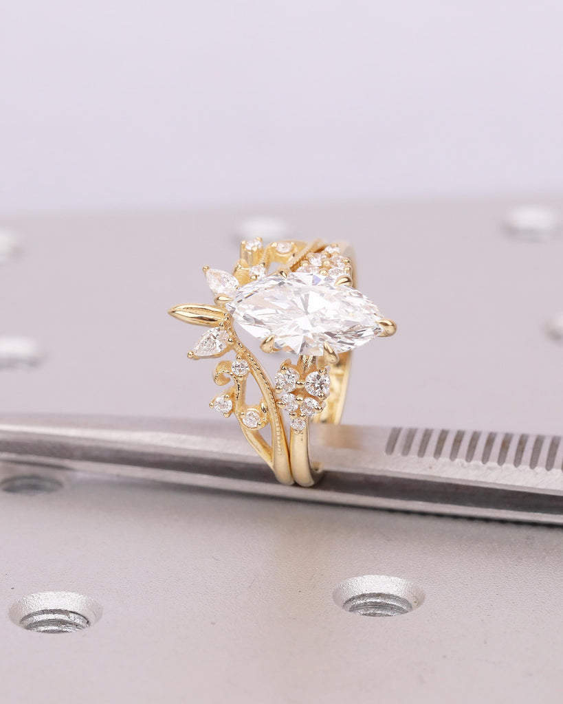 Lab Created Diamond Marquise Engagement Ring, Nature Inspired 18k Solid Gold Wedding Rings for Women, Round, Pear Cut Floral Matching Ring image #13