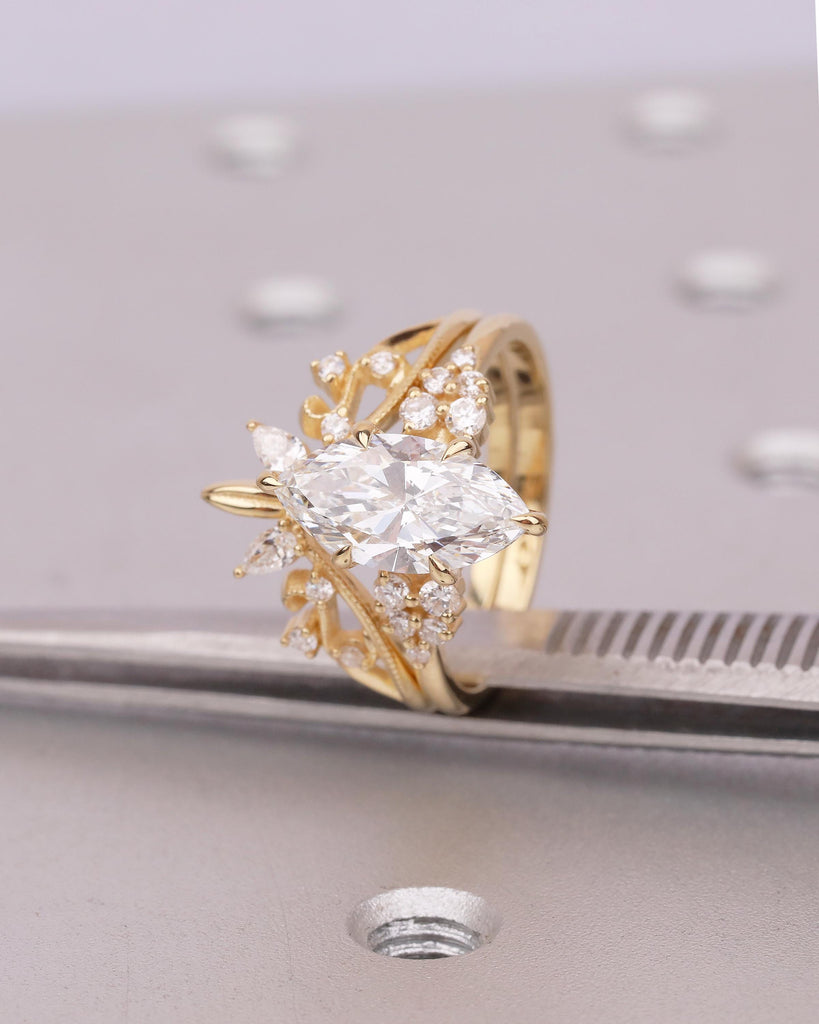 Marquise Cut Lab Grown Diamond Engagement Ring Set, 18k Yellow Gold Nature Ring image #11