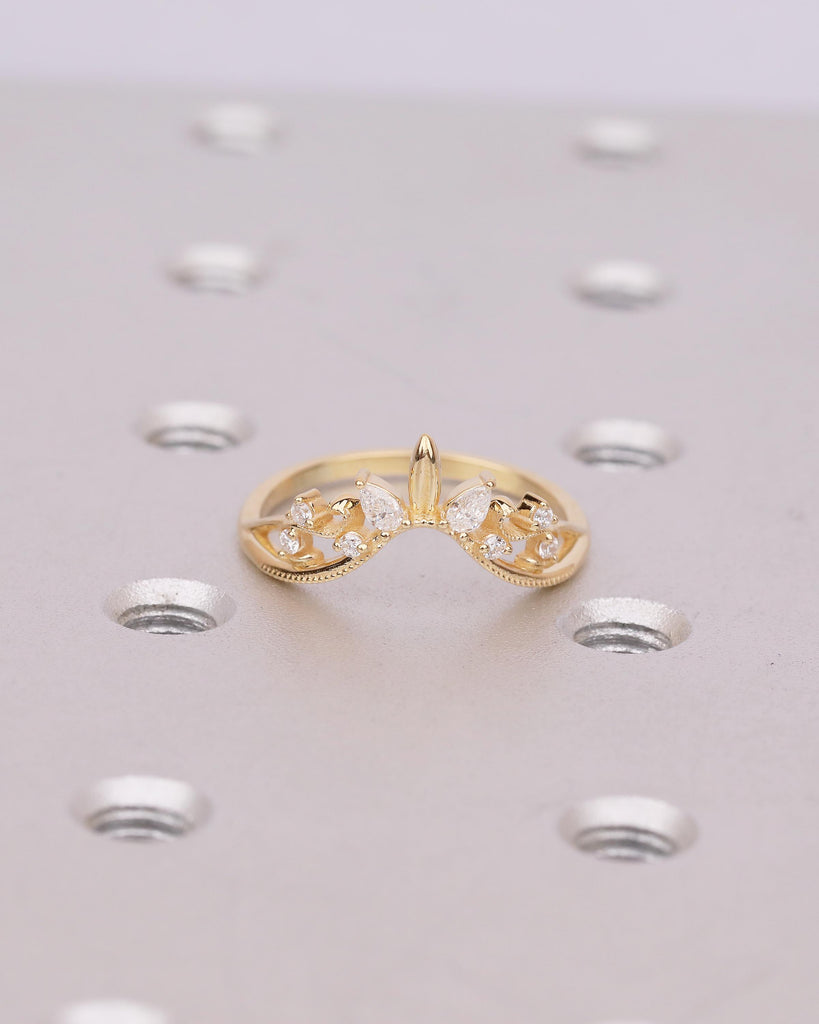 Lab Created Diamond Marquise Engagement Ring, Nature Inspired 18k Solid Gold Wedding Rings for Women, Round, Pear Cut Floral Matching Ring image #18