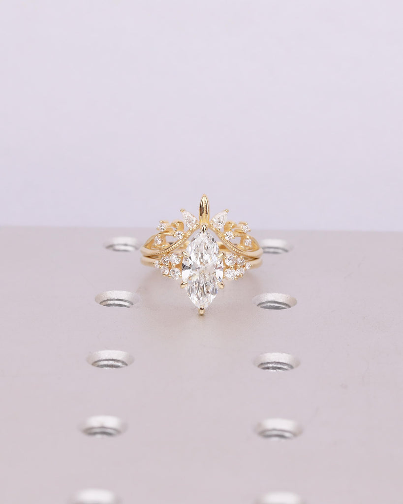 Marquise Lab Made Diamond Ring, IGI Certified 18k Yellow Gold Engagement Ring Set, Round, Pear Curved Leaf Moissanite Accent Matching Rings image #7