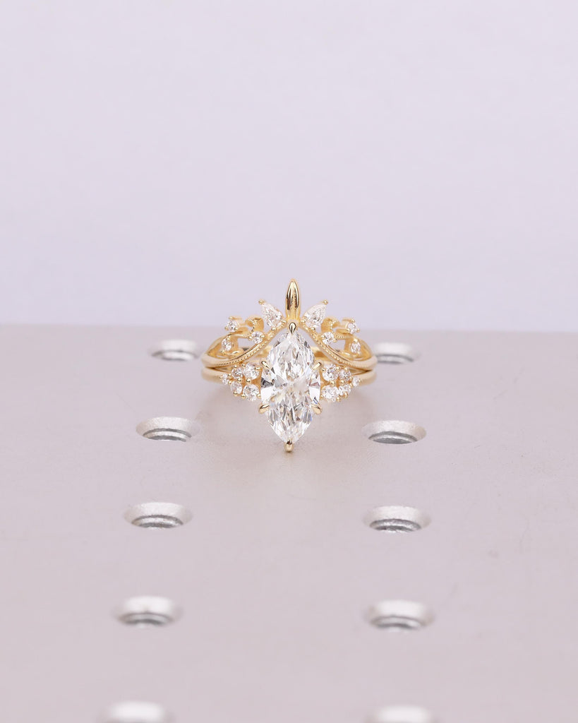 Nature Inspired 18k Yellow Gold Bridal Ring Set, Marquise Cut Lab Grown Diamond Ring image #7