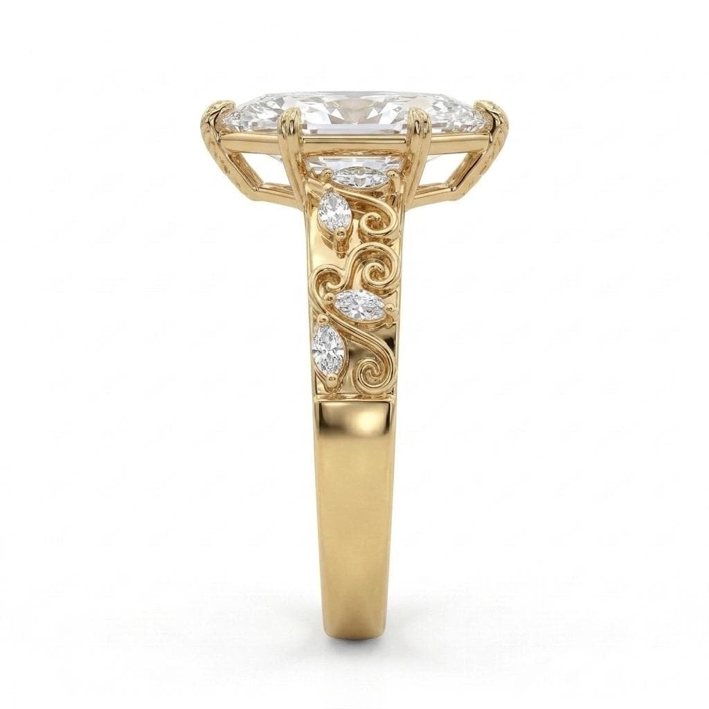 14k Yellow Gold Leaf and Vine Marquise Moissanite Ring | Unique Proposal Ring for Her | Custom Engagement Ring image #3