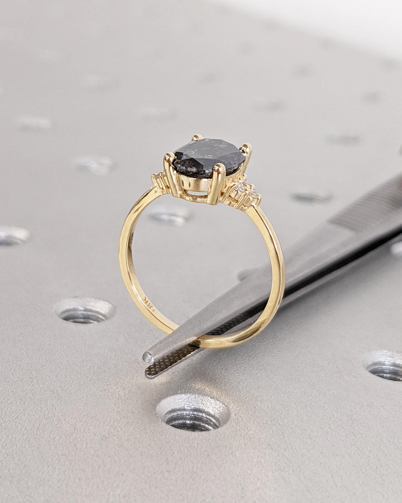 Art Deco Salt and Pepper Diamond Ring, Solid Gold Cluster Engagement Ring, Oval Diamond Ring, Vintage Wedding Ring for Her, Anniversary Gift image #12