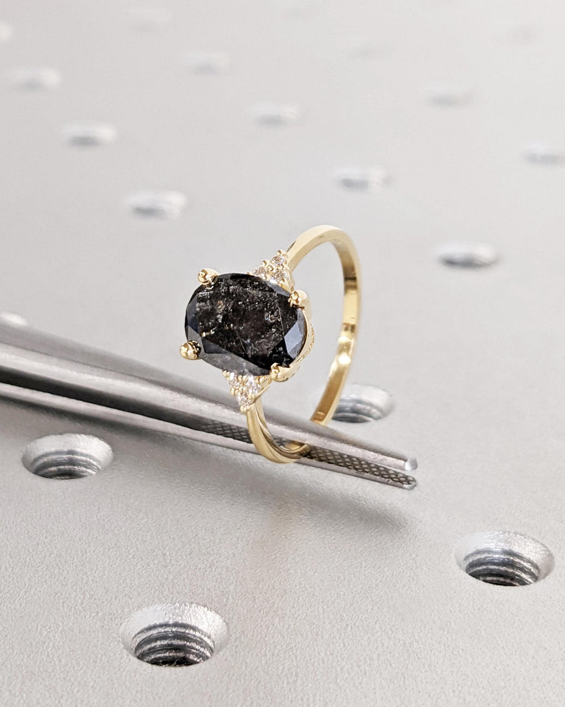Art Deco Salt and Pepper Diamond Ring, Solid Gold Cluster Engagement Ring, Oval Diamond Ring, Vintage Wedding Ring for Her, Anniversary Gift image #9