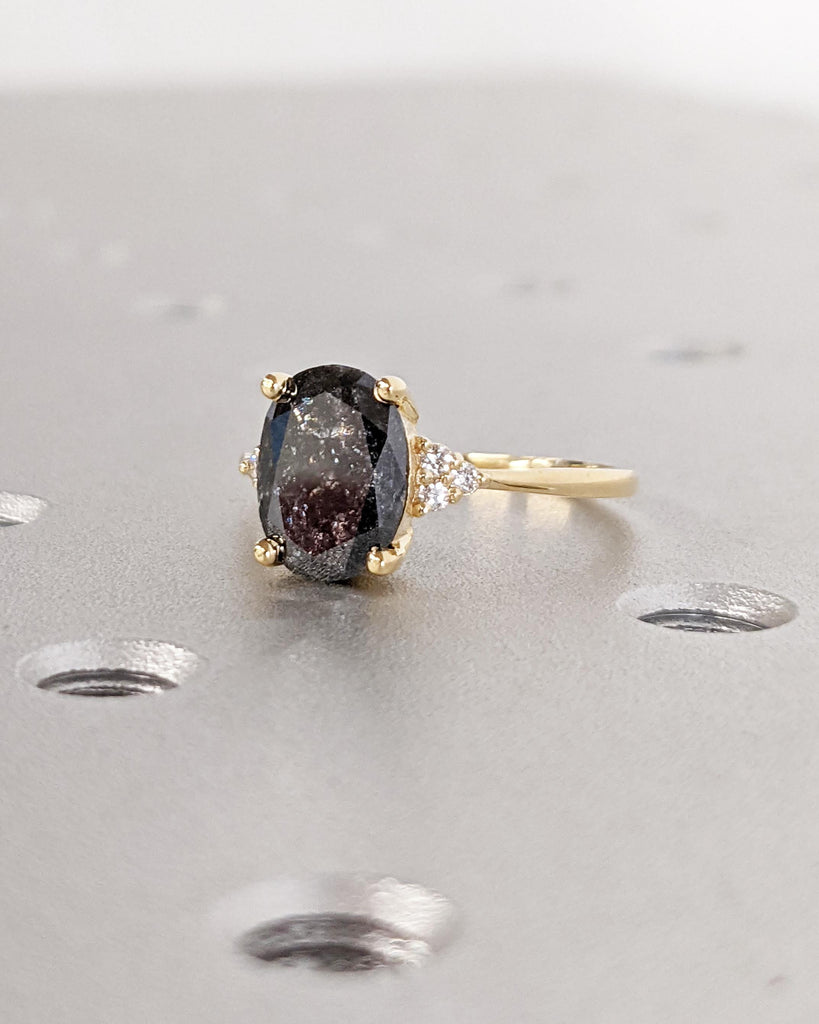 Art Deco Salt and Pepper Diamond Ring, Solid Gold Cluster Engagement Ring, Oval Diamond Ring, Vintage Wedding Ring for Her, Anniversary Gift image #6
