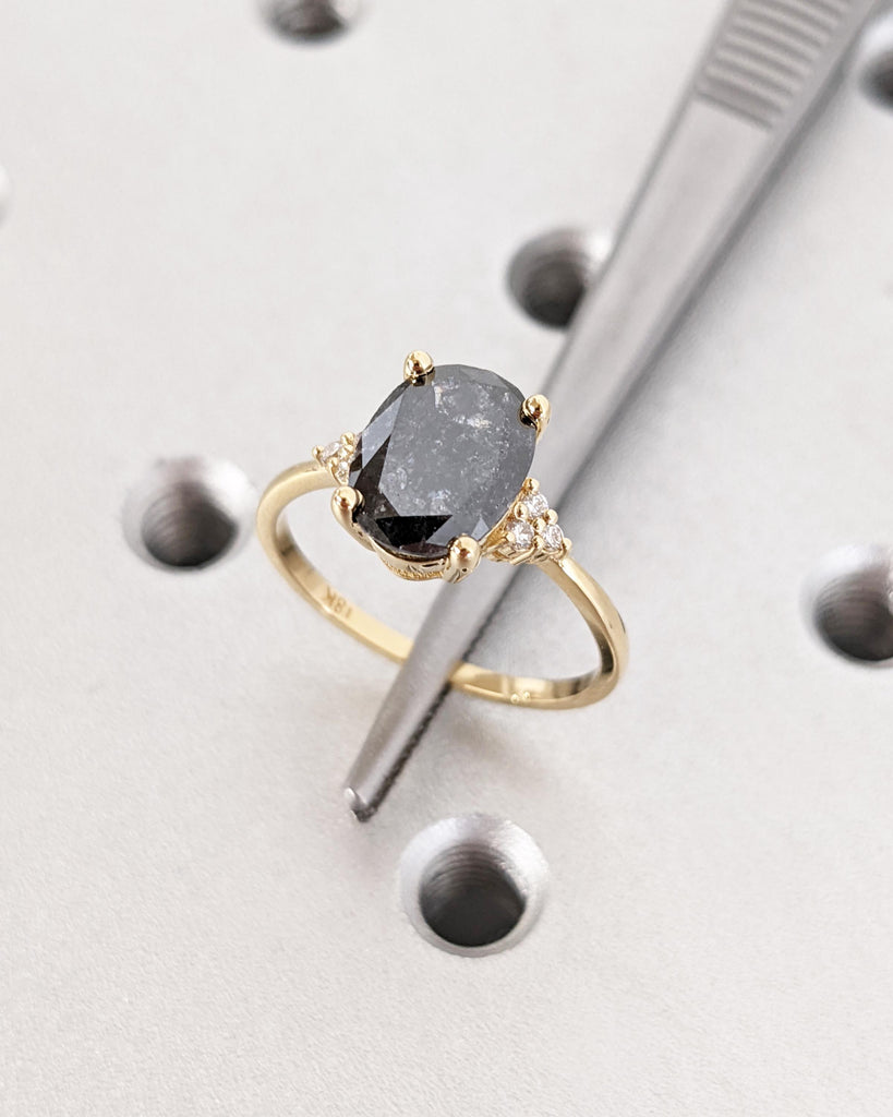 Art Deco Salt and Pepper Diamond Ring, Solid Gold Cluster Engagement Ring, Oval Diamond Ring, Vintage Wedding Ring for Her, Anniversary Gift image #8