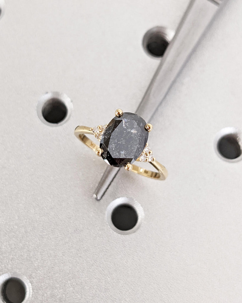Art Deco Salt and Pepper Diamond Ring, Solid Gold Cluster Engagement Ring, Oval Diamond Ring, Vintage Wedding Ring for Her, Anniversary Gift image #7
