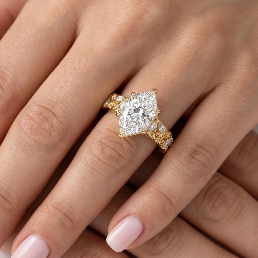 14k Yellow Gold Dutch Marquise Diamond Proposal Rings for Women | Lab Made Diamond Wedding Band | Custom Bridal Jewelry image #2